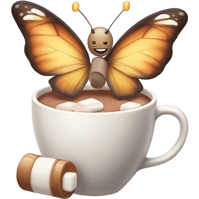 Butterfly drinking hot chocolate with marshmallows while talking to a fairy emoji