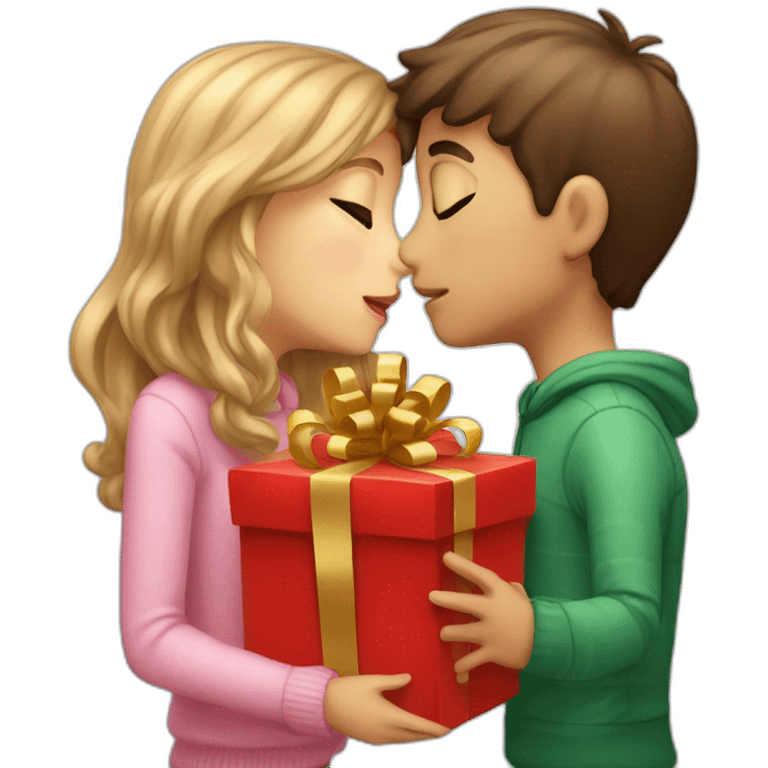 boy and girl kissing with cristmass gift emoji