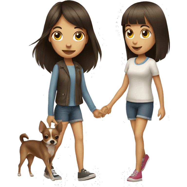 A brunette girl with fringe walking with her chihuahua  emoji