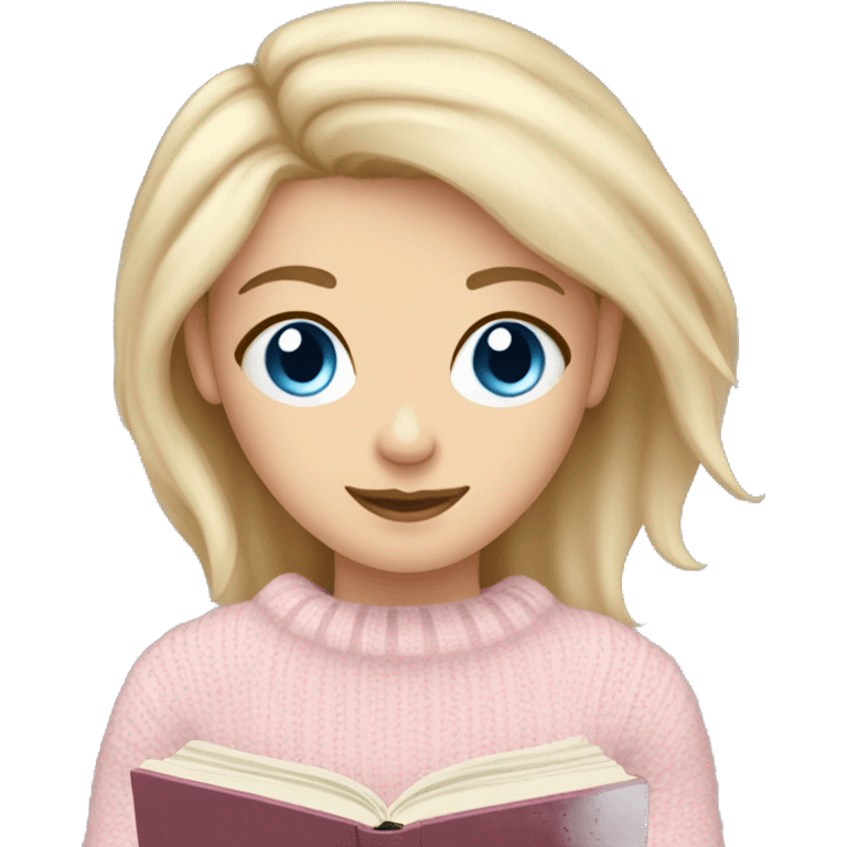 Pretty blue eyed white girl with light pink sweater reading cozy emoji