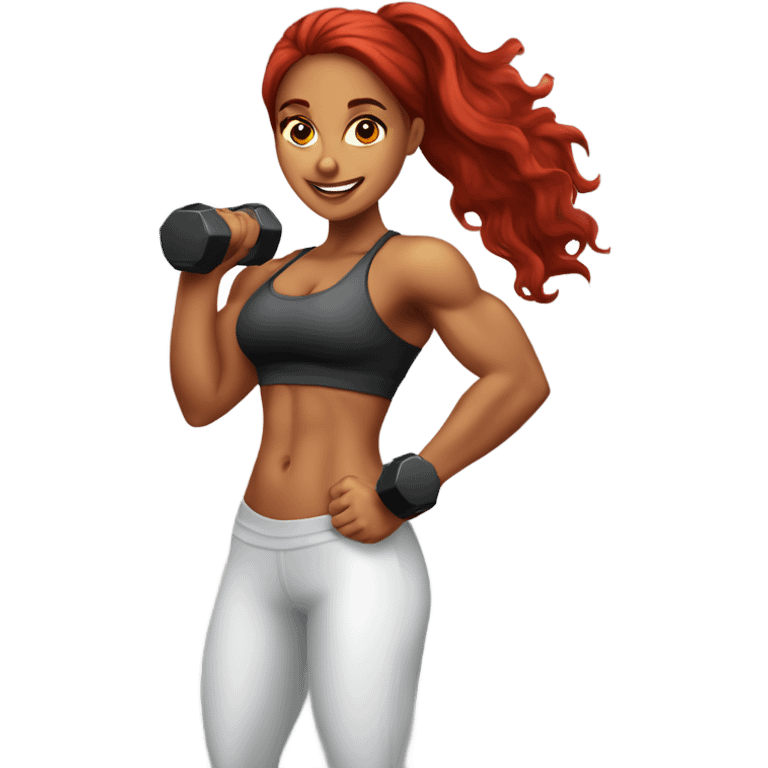 Very fit Latina girl with long red hair holding dumbbells at the gym with abs of steel emoji