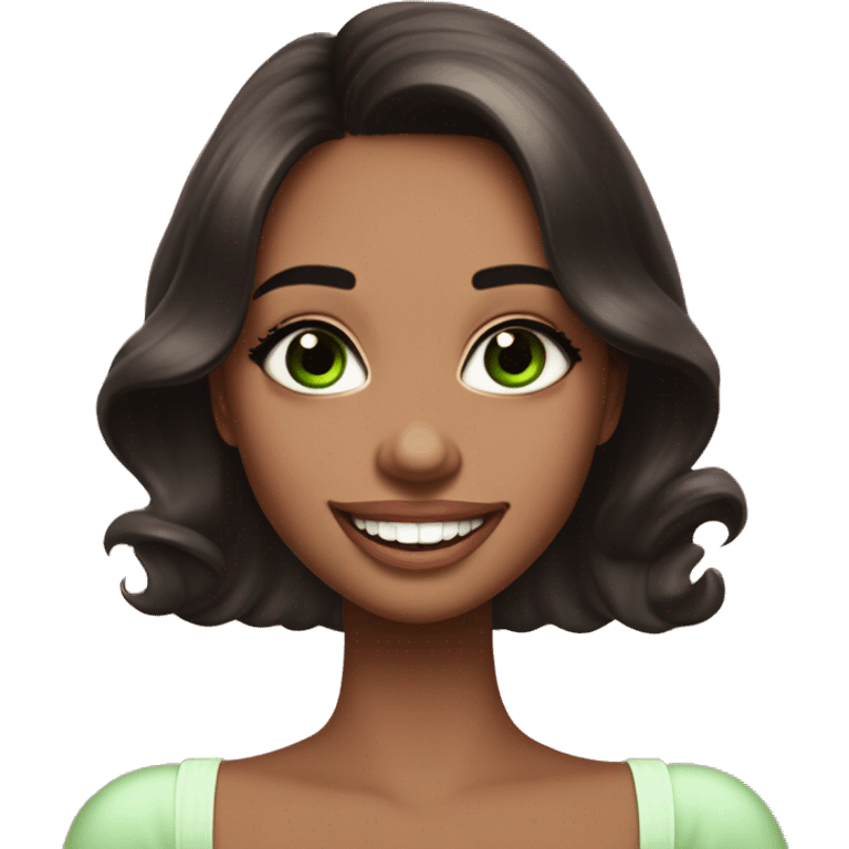 beautiful girl with high cheek bones orange blush, long straight shiny dark brown hair, big green eyes and big pale pink lips. Long thick eyelashes. Wearing a cream bustier.  She is laughing emoji