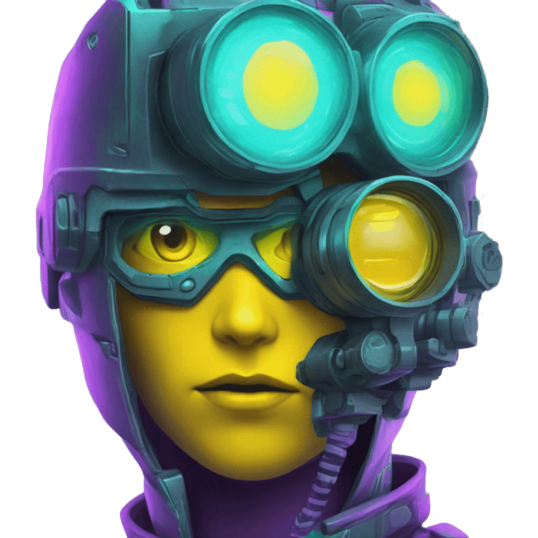 Secret human yellow emoji face agent with  cyberpunk elements with a spyglass scanning looking reviewing multicolor lines of code, cyan and purple colors, only upper body portrait emoji