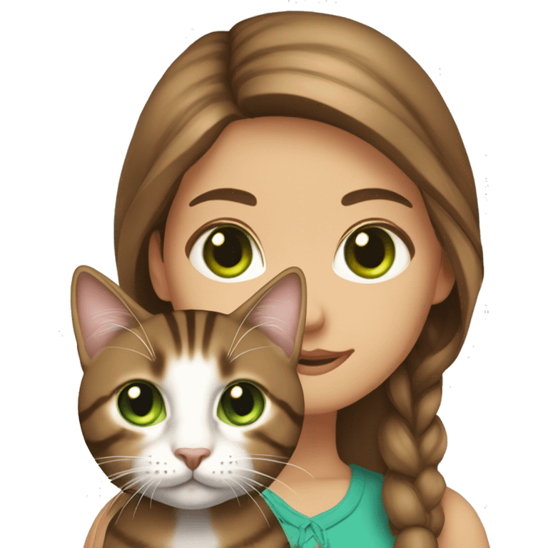 girl with blue eyes, with flowing brown hair with brown tabby cat with green eyes emoji