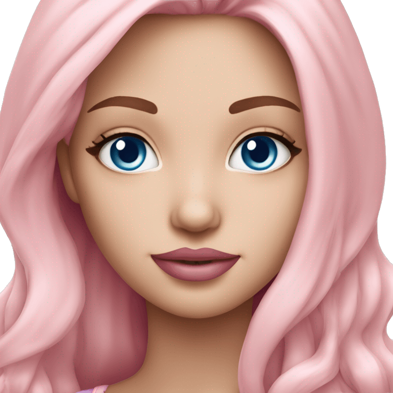 a beautiful girl with fair skin, blue eyes and long soft pink hair, with pink lipstick on her lips. in fashionable clothes emoji