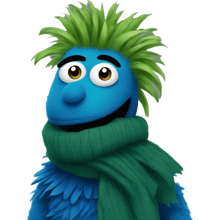 A blue muppet with very dark green spiky hair over their eyes, wearing a scarf emoji