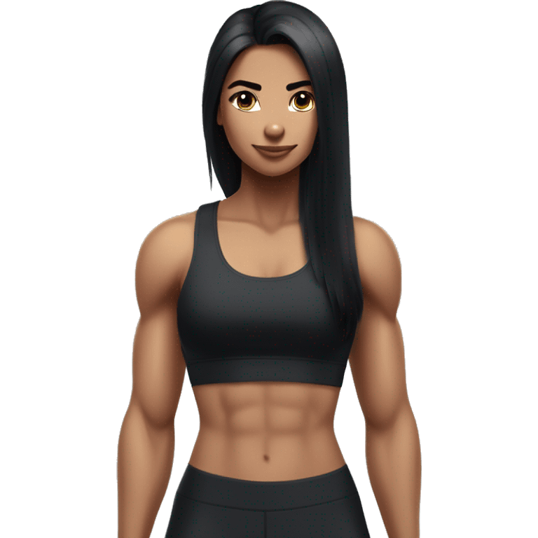 Strong muscle arm long black-hair girl (but hair needs a bit balayage) ; i want black sports bra (short, with a logo of gymshark on one side) emoji