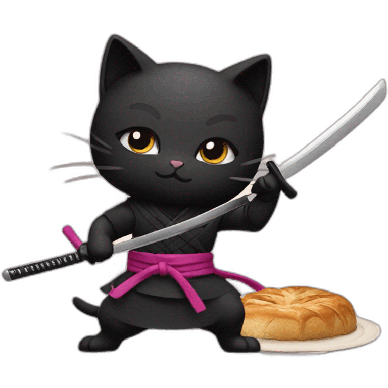 Ninja cat cuts pastry with  katana emoji