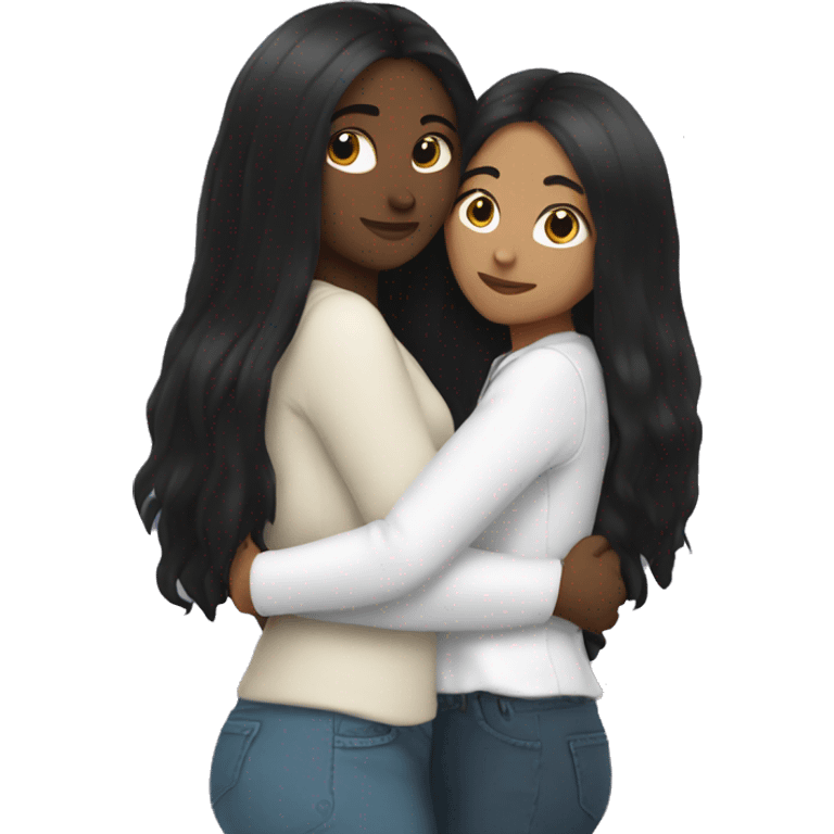 Lesbian with long black hair and white skin hugging her girlfriend from behind emoji