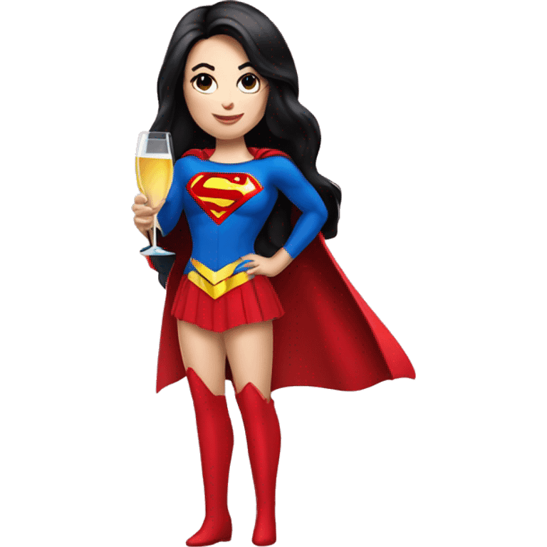 White girl in a superwoman costume with long black hair holding a champagne bottle emoji