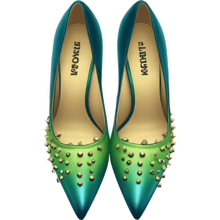 Hyper-realistic top view of a pair of lime green to dark teal blue ombre gold studded pointed toe high heel shoes. emoji