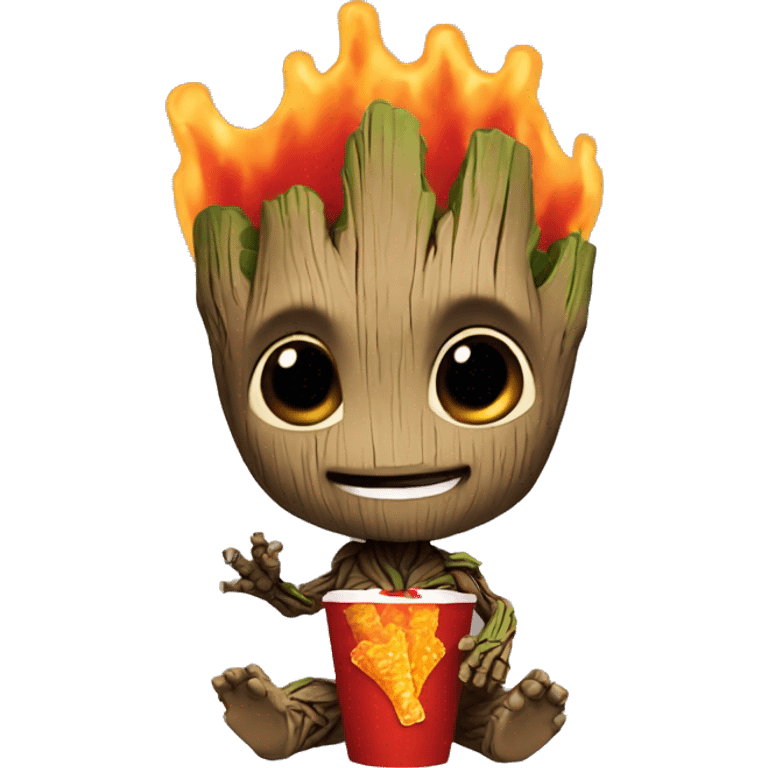 Baby groot eating, flaming hot Cheetos emoji