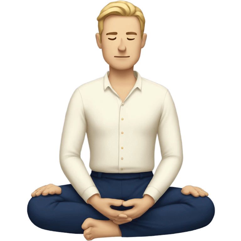 european man meditating sitting down with cream shirt and navy blue pants.  emoji