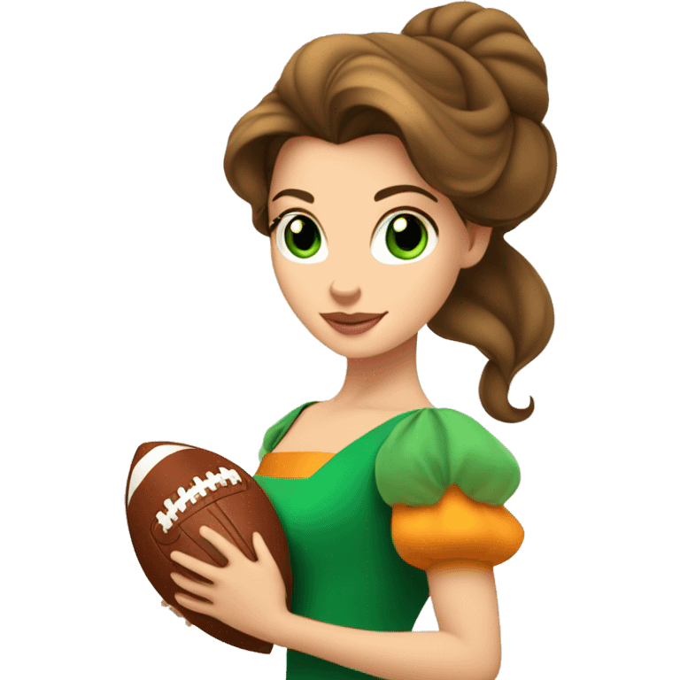 White Disney princess Belle with green eyes in orange dress holding a football emoji