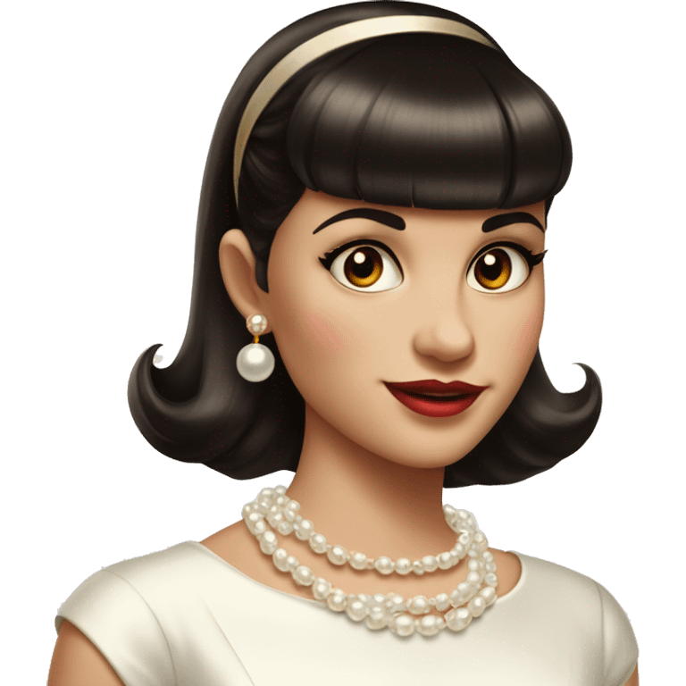 Cute girl 1950s short dark brown hair with straight fringe, white pearl necklace, gold bow earrings and white dress emoji