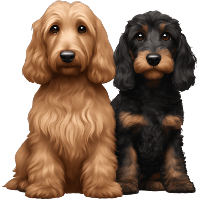 Brown goldendoodle medium size and black and tan and cream longhair dachshund sitting together  emoji