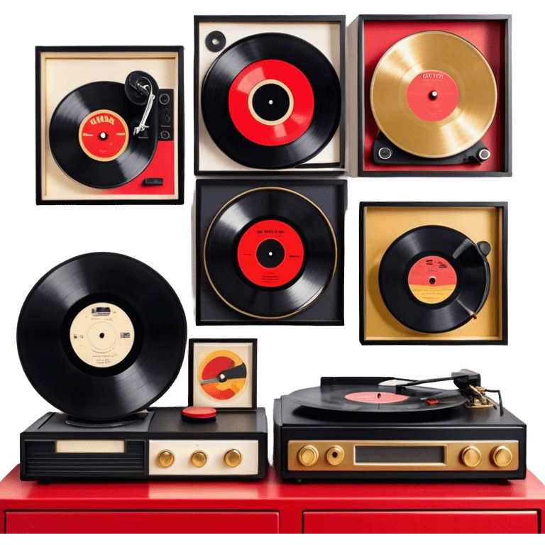 Icon for Vinyl Record Collecting: large black, golden and red vinyl records in decorative packaging featuring artist images, neatly arranged on a wall or shelf, modern vinyl record player. The icon should reflect the aesthetic and artistic aspect of collecting vinyl records. Transparent background. emoji