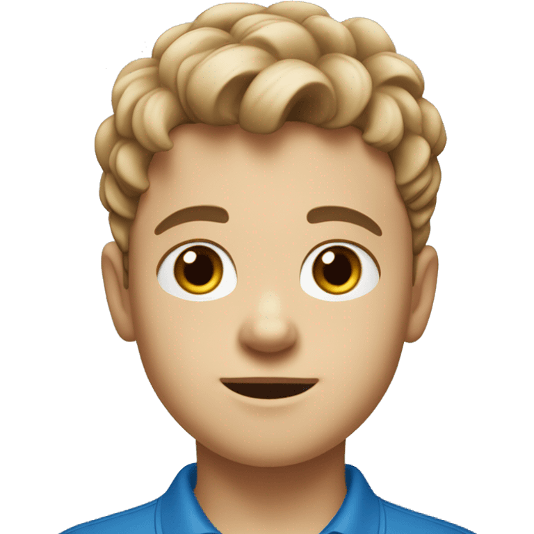 a young white kid wearing a blue cotton polo, with almond brown eyes and european nose with short messy hair emoji