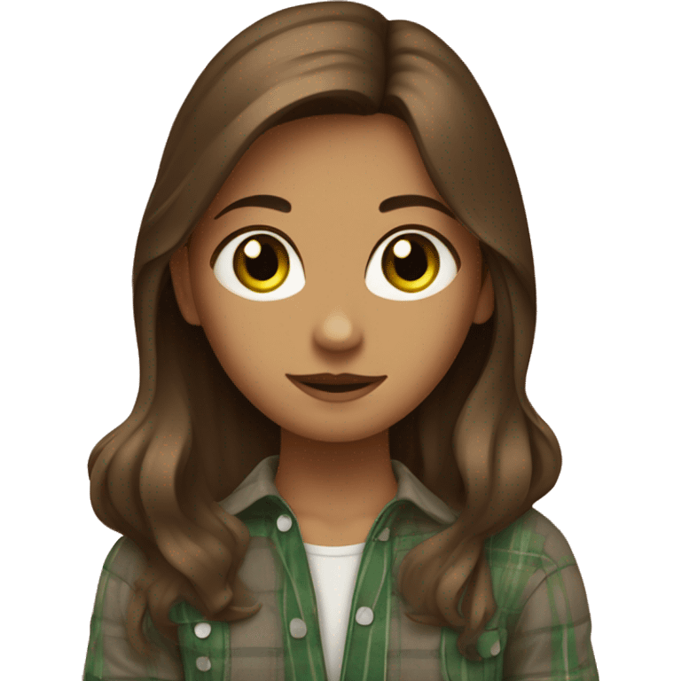 A girl with green eyes and loose brown hair is covered with a plaid emoji