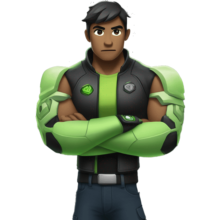 Omnitrix asain, arms folded side looking, standing half body emoji