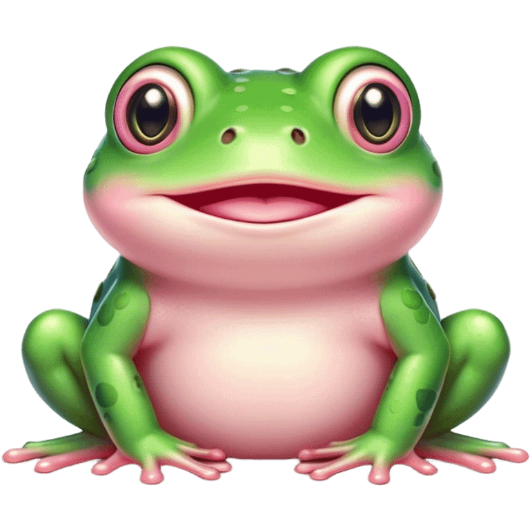 A cute, round green frog with big shiny eyes, pink blushing cheeks, and a small, happy smile. The frog has a soft, cartoonish style with pastel colors and a cozy, friendly appearance emoji