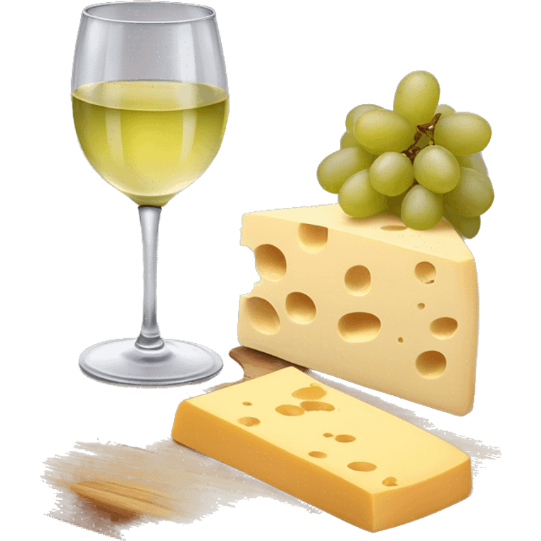 Wooden board with different kind of cheese, grapes and a glass of white wine emoji