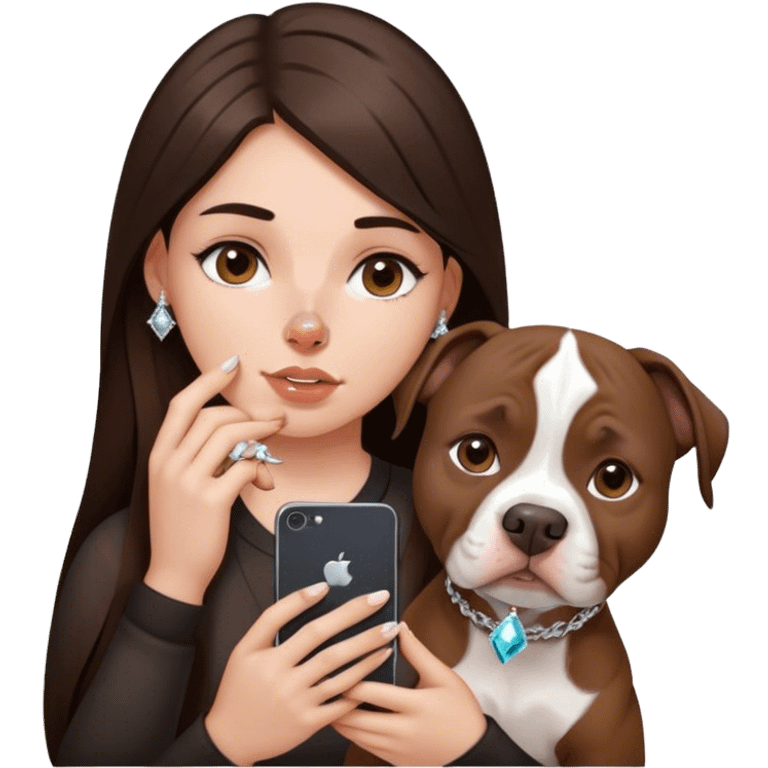 ￼ a young girl with long dark brown hair cascading down her face. It’s with her phone in her hands, sitting next to her pitbull with a small diamond nose ring in her nose. emoji