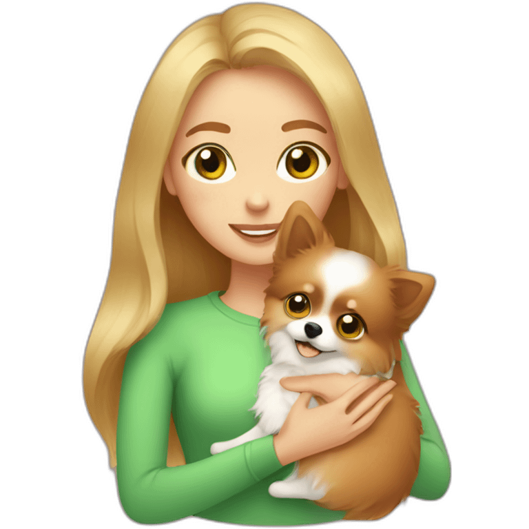 highlighted hair girl with green eyes, hugs her pomeranian dog, red emoji