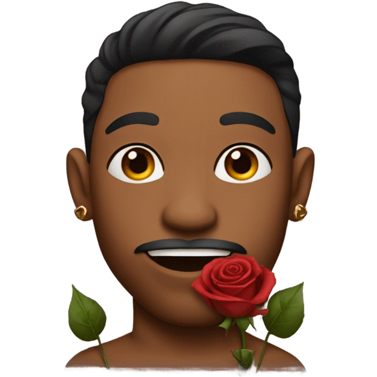 Brown-skinned male with tattoos, holding a rose in his mouth emoji