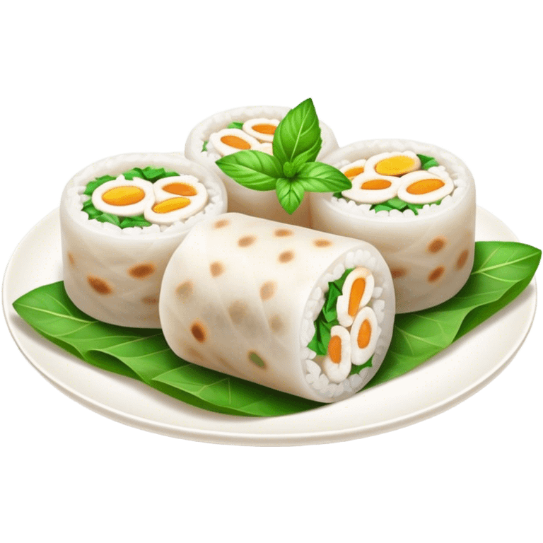 Bánh Cuốn Cinematic Realistic Bánh Cuốn Dish Emoji, depicted as delicate steamed rice rolls garnished with chopped mint on top, rendered with lifelike textures and fresh, vibrant lighting. emoji