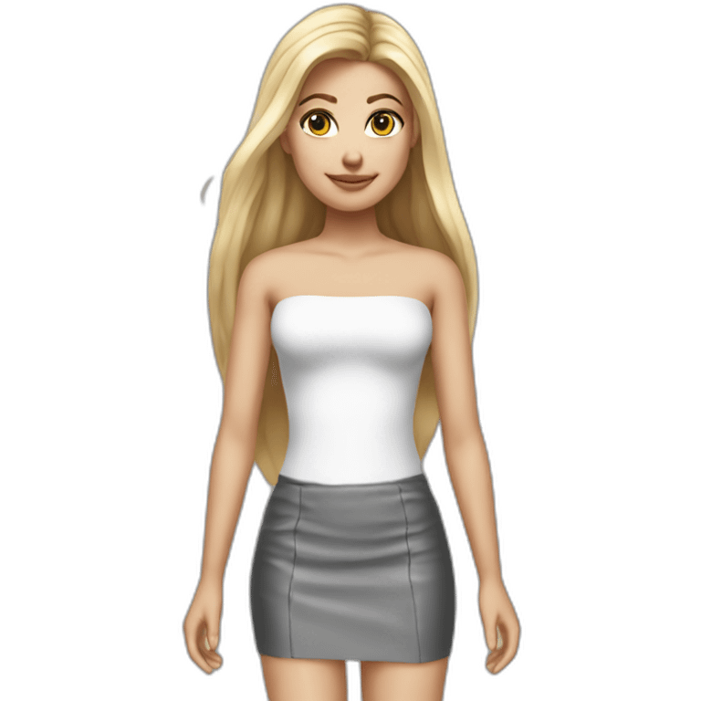 hyperrealist caucasian long straight hair blonde brown eyes strapless white low cut top gray tight mini skirt black shoes complete body emoji