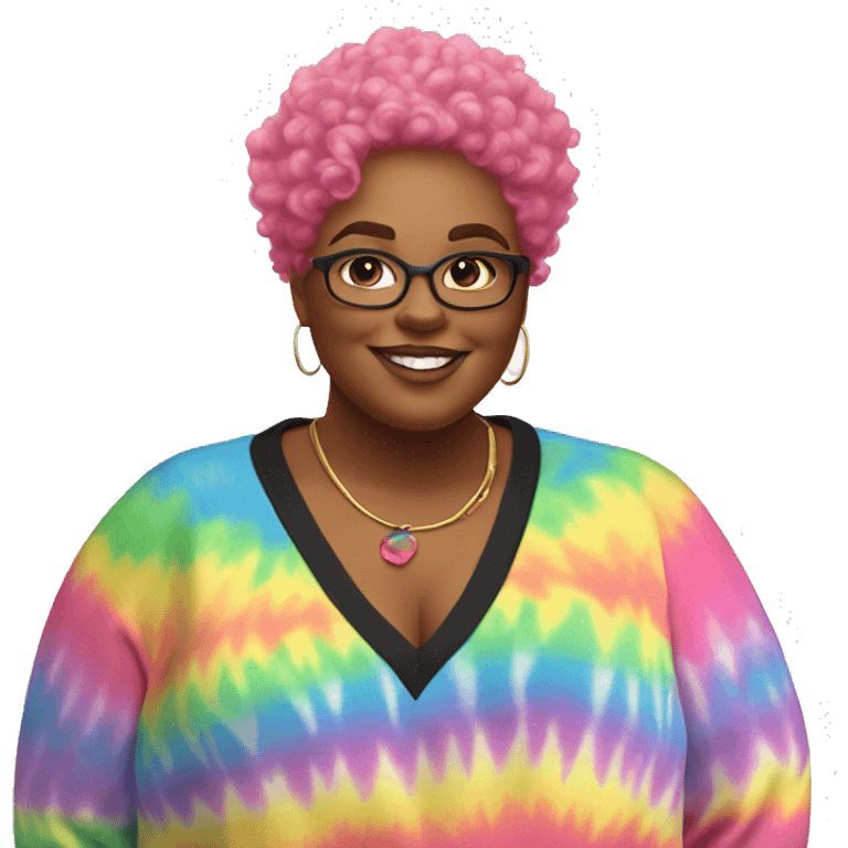 Plus size black woman with pink curly pixie cut hair and a rainbow tie dye sweater  emoji