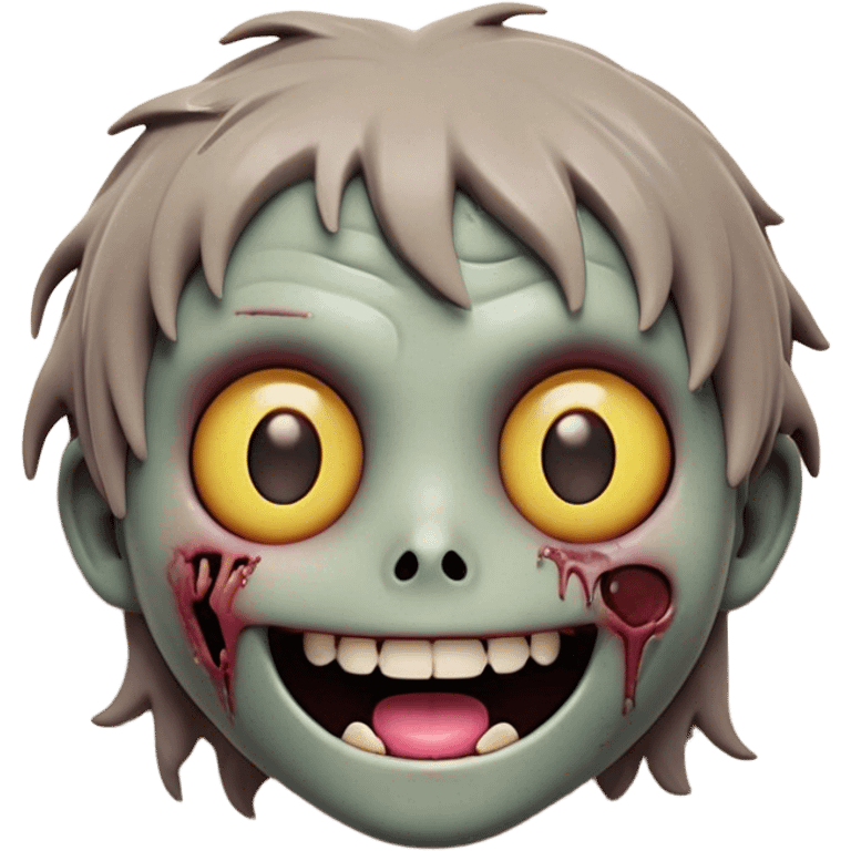 Cinematic Cute Zombie Portrait Emoji, with a delightfully quirky, slightly disheveled face in muted ashen hues, featuring quirky bright eyes and a playful, stitched-together smile, simplified yet irresistibly charming, highly detailed with a soft glowing outline that captures the adorable, offbeat spirit of a zombie who’s more cute than creepy! emoji