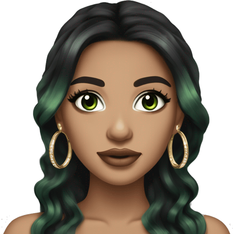 Glamorous, streetwear or cocktail dress, black balayage hair, long wavy hair, olive skin, green almond eyes, winged eyeliner with big lashes, wearing hooped earrings, rings and bracelets  emoji