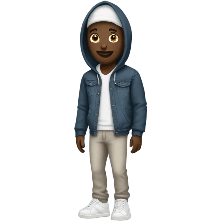 Black man in a denim hoodie with cool pants and white shoes  emoji