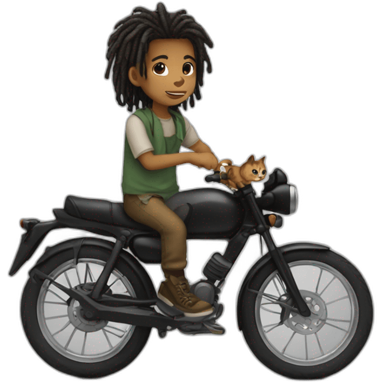 A boy with dreadlocks rides a cat emoji