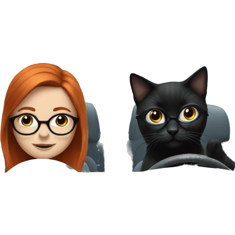 Redhead girl glasses driving blue with 2 black cats  emoji