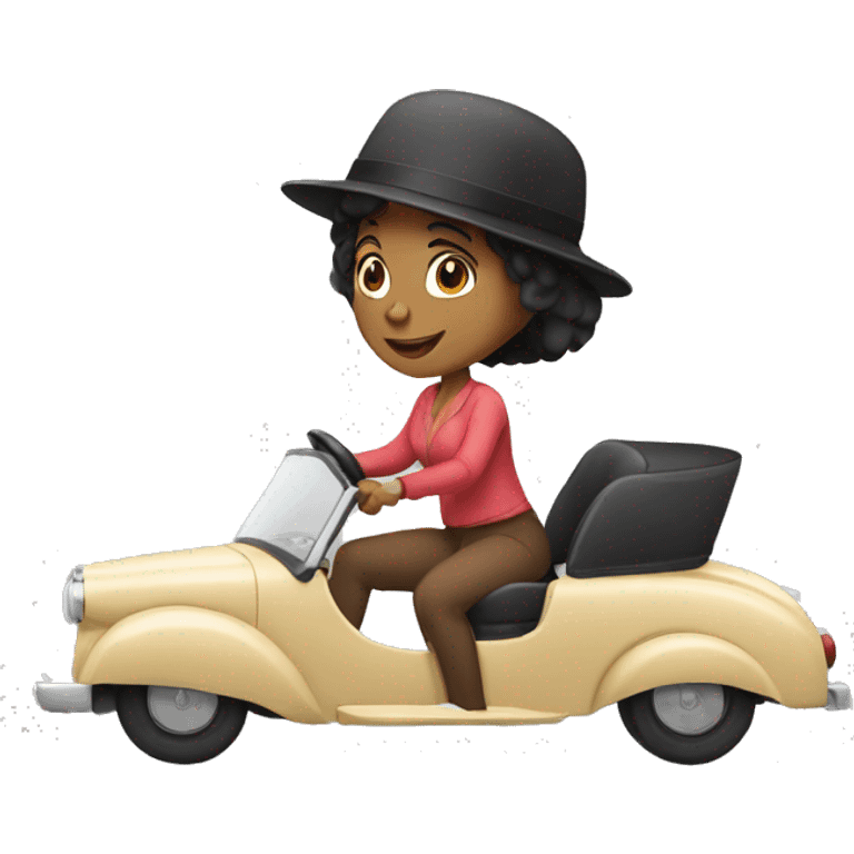 Black hair girl riding in a car with hat on her head  emoji