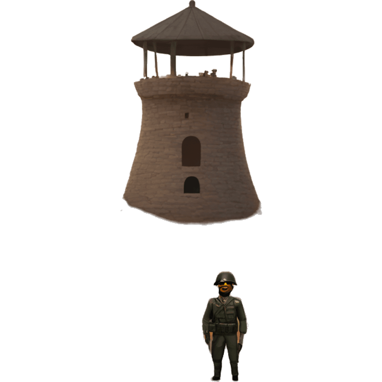 A watchtower at sunset, manned by a soldier  emoji