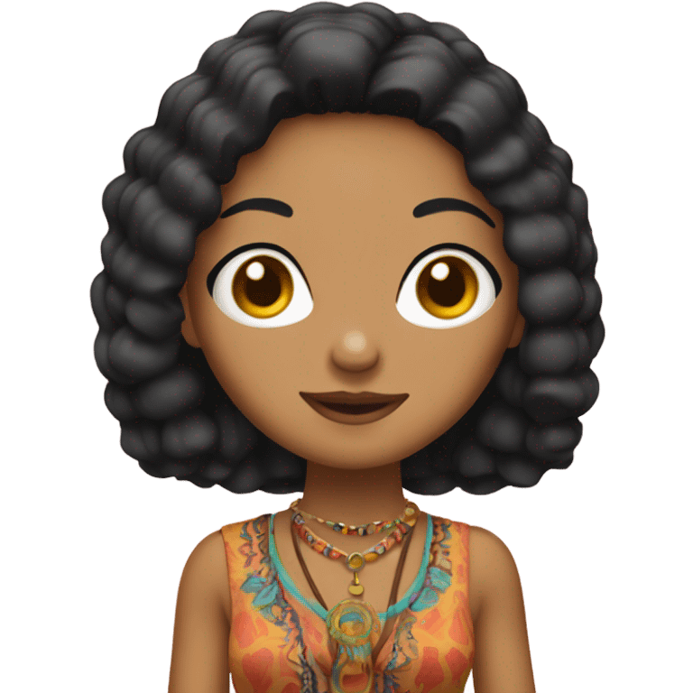 Tanned woman with black hair dressed in 1970s hippie attire, hair, makeup, and attire emoji