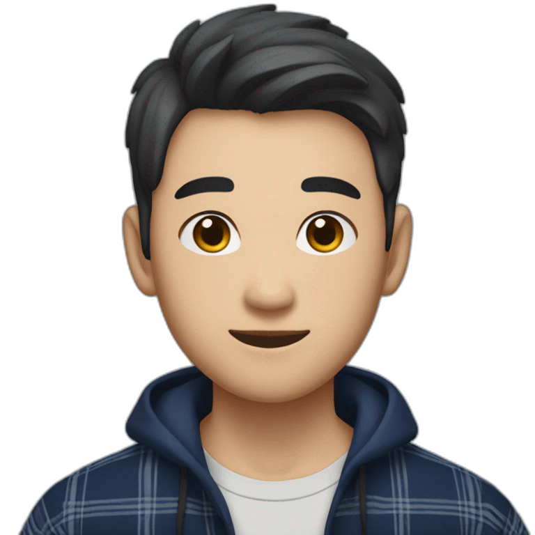 A asian young man with no beard,  short brown hair, exuding confidence, clad in a navy blue checked flannel shirt. emoji