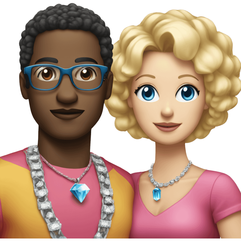 black man with black afro and glasses and wearing a red shirt standing next to a white woman with blonde hair with blue eyes wearing a pink dress and a big diamond necklace emoji