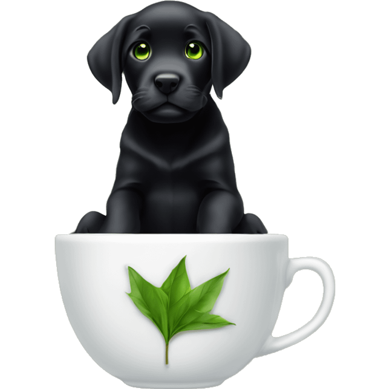 a black labrador puppy with green eyes sitting in a tea cup emoji