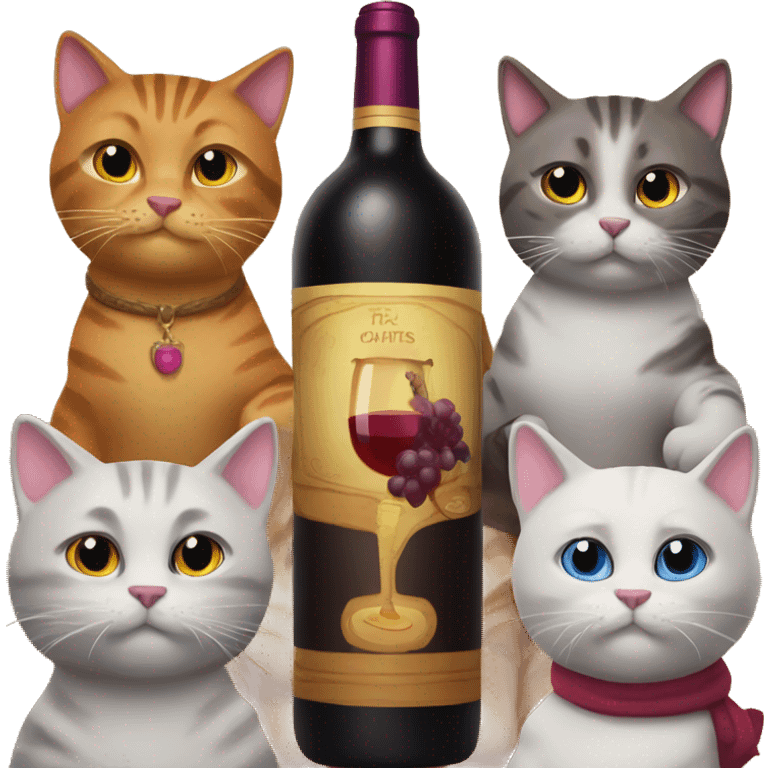 6 cool cats with a giant bottle of wine emoji