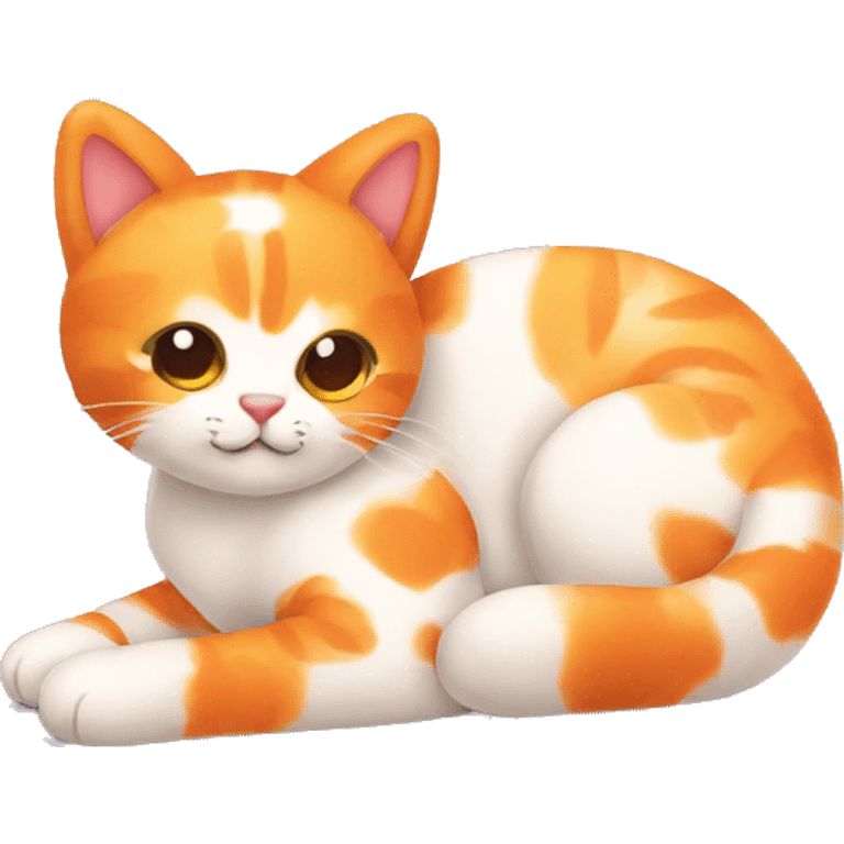 Cute stuffed animal cat laying on it’s stomach with orange splotches emoji