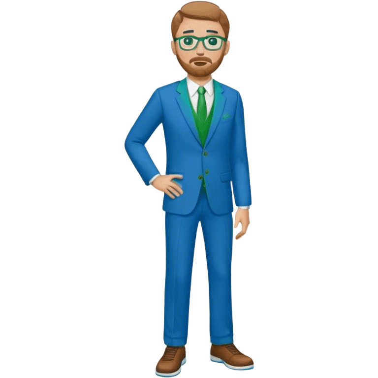 full body White male basketball coach light brown/ blond hair, short beard, green/blue eyes wearing glasses and blue and green suit emoji