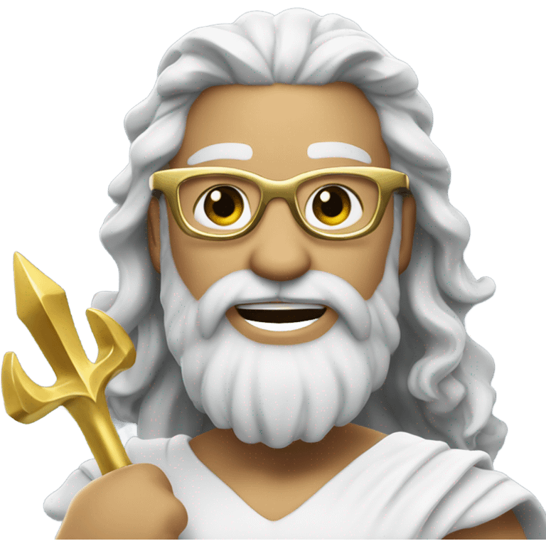 Poseidon with gold Trident and glasses. long hair white dress. smile . eye wink emoji