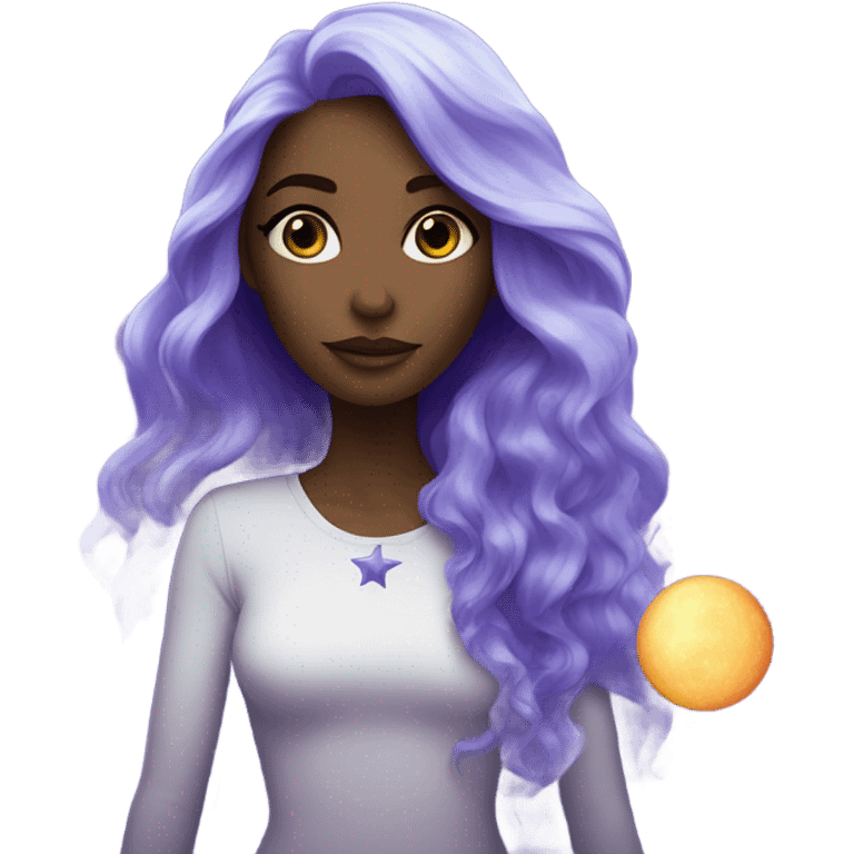 white woman with mystical sparkling galaxy hair with moon and stars in purple and blue shades emoji