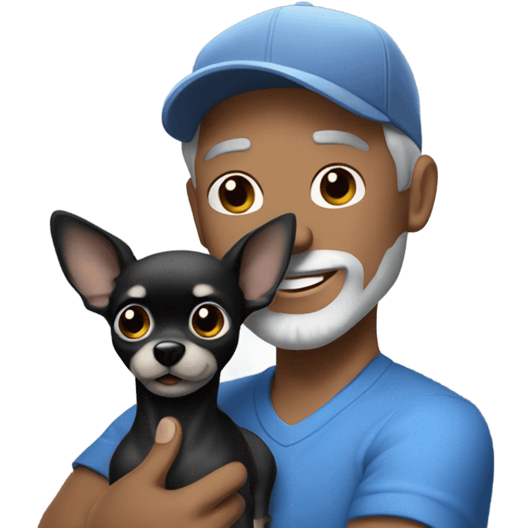 blue eyed man, with grey hair and grey goatee, wearing ball cap, holding long hair black chihuahua emoji