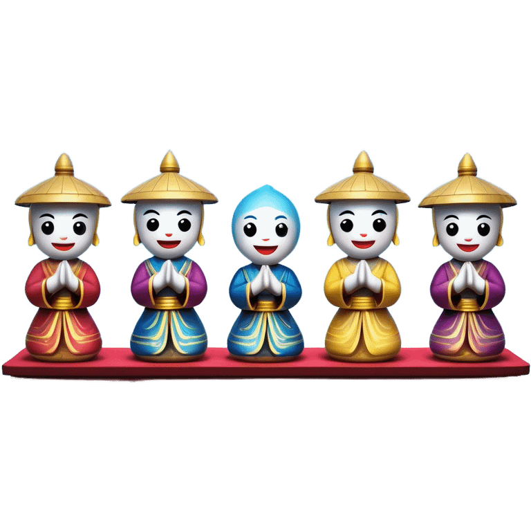 Cinematic Realistic Water Puppetry Emoji, depicted as a whimsical scene of traditional water puppets performing on a reflective water stage, rendered with vivid textures and dynamic playful lighting that captures its enchanting charm. emoji